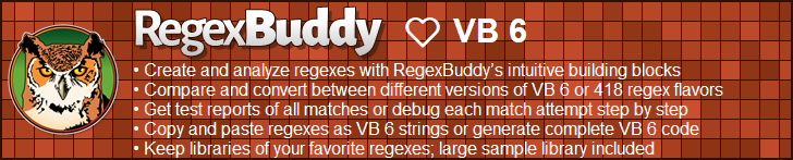 RegexBuddy—The best regex editor and tester for VB 6 developers!