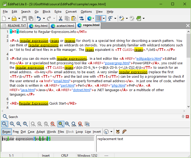 Searching Using Regular Expressions with EditPad Lite