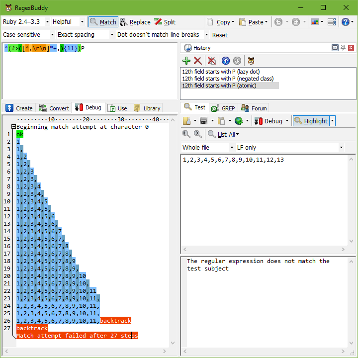 Proof of backtracking in constant time in RegexBuddy